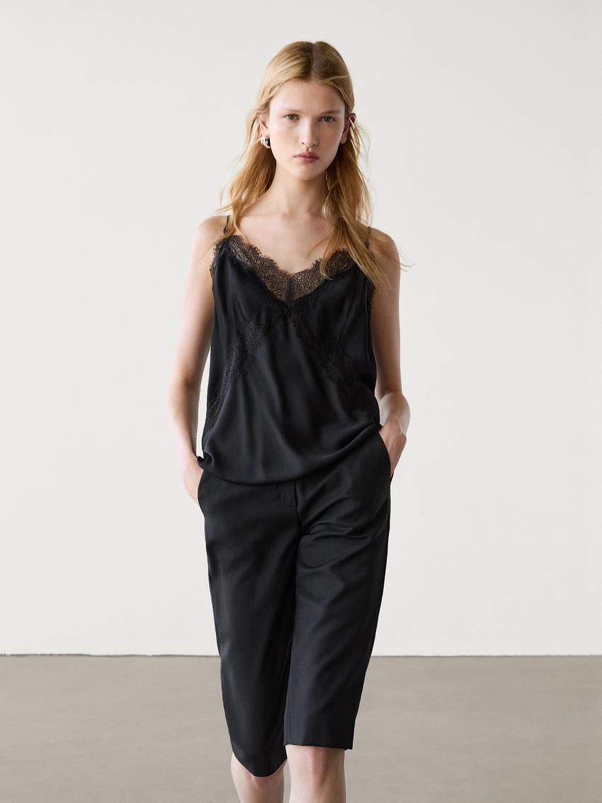 Massimo Dutti Strappy Lace Camisole Women Top Black | US-TB1852376
