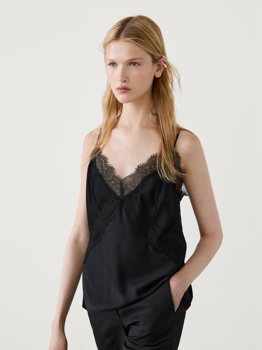 Massimo Dutti Strappy Lace Camisole Women Top Black | US-TB1852376