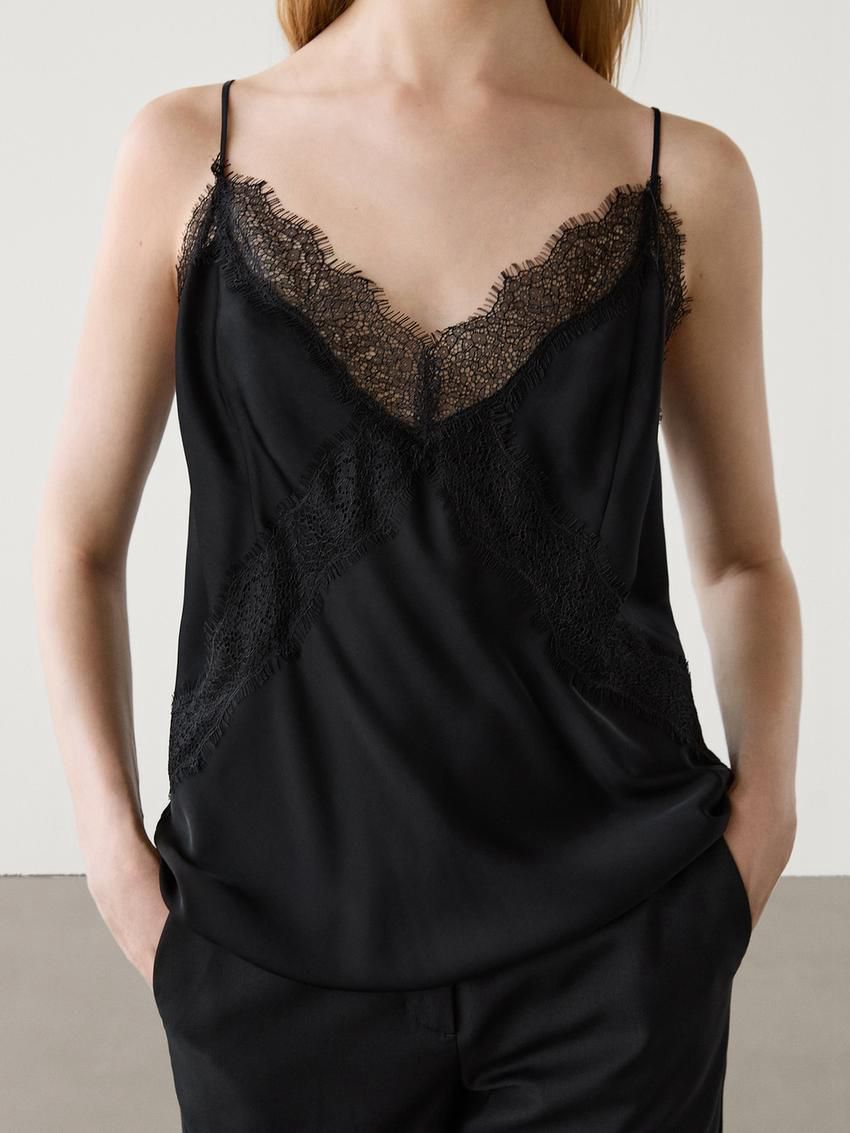Massimo Dutti Strappy Lace Camisole Women Top Black | US-TB1852376