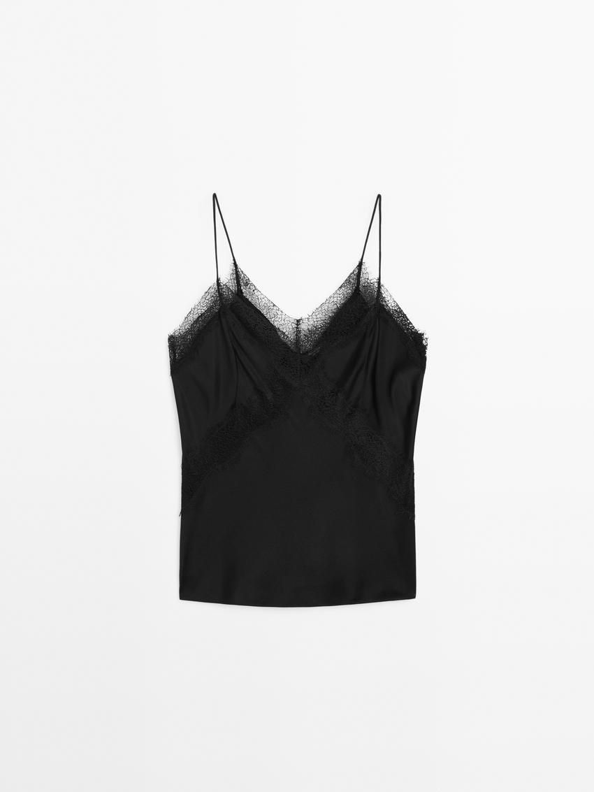 Massimo Dutti Strappy Lace Camisole Women Top Black | US-TB1852376