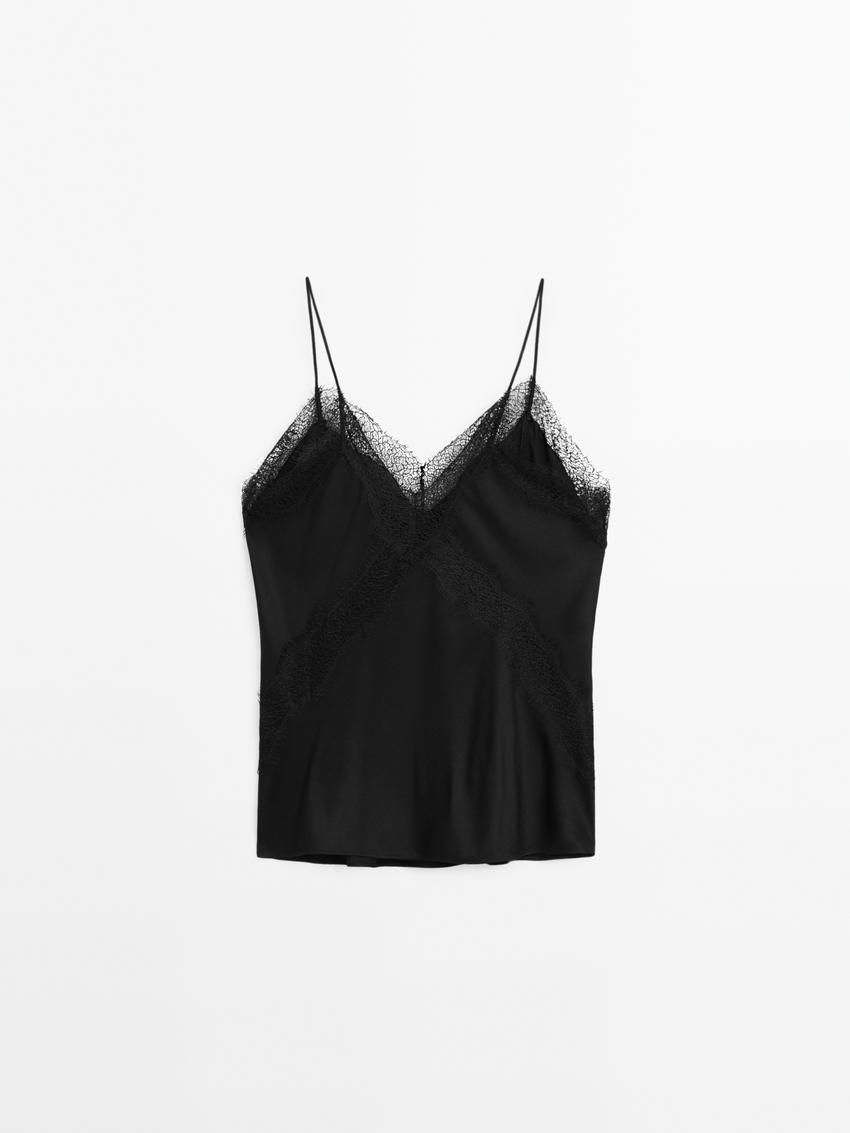 Massimo Dutti Strappy Lace Camisole Women Top Black | US-TB1852376