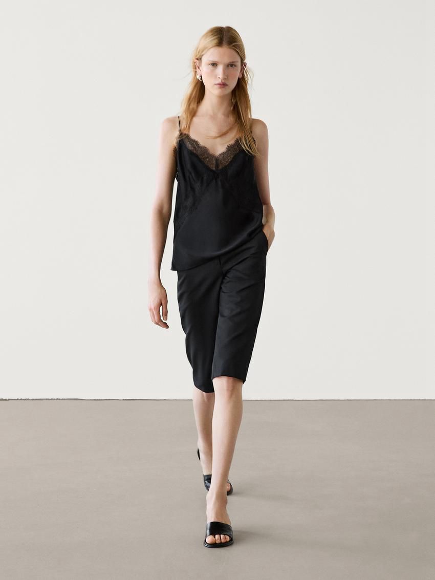 Massimo Dutti Strappy Lace Camisole Women Top Black | US-TB1852376