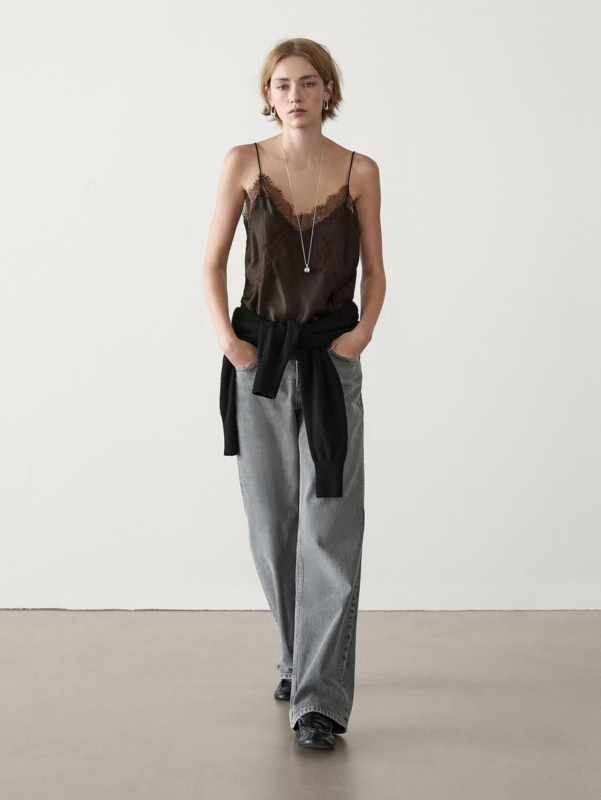 Massimo Dutti Strappy Lace Camisole Women Top Dark Brown | US-OQ8562731