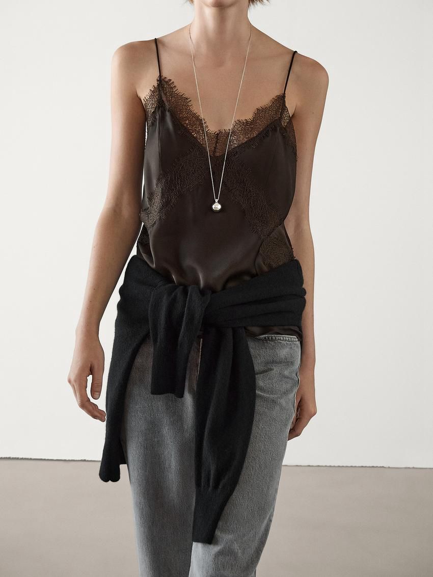 Massimo Dutti Strappy Lace Camisole Women Top Dark Brown | US-OQ8562731