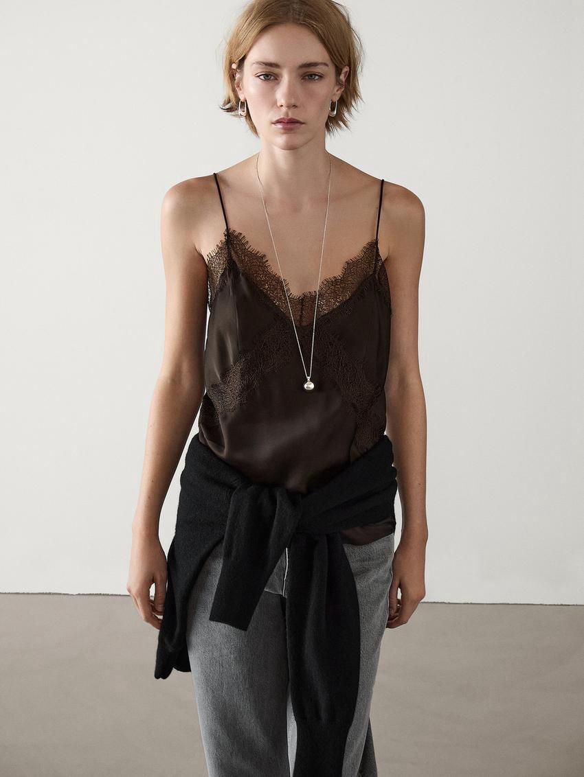 Massimo Dutti Strappy Lace Camisole Women Top Dark Brown | US-OQ8562731