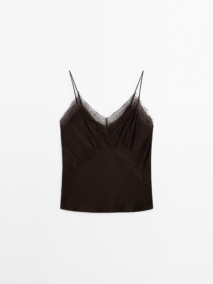 Massimo Dutti Strappy Lace Camisole Women Top Dark Brown | US-OQ8562731