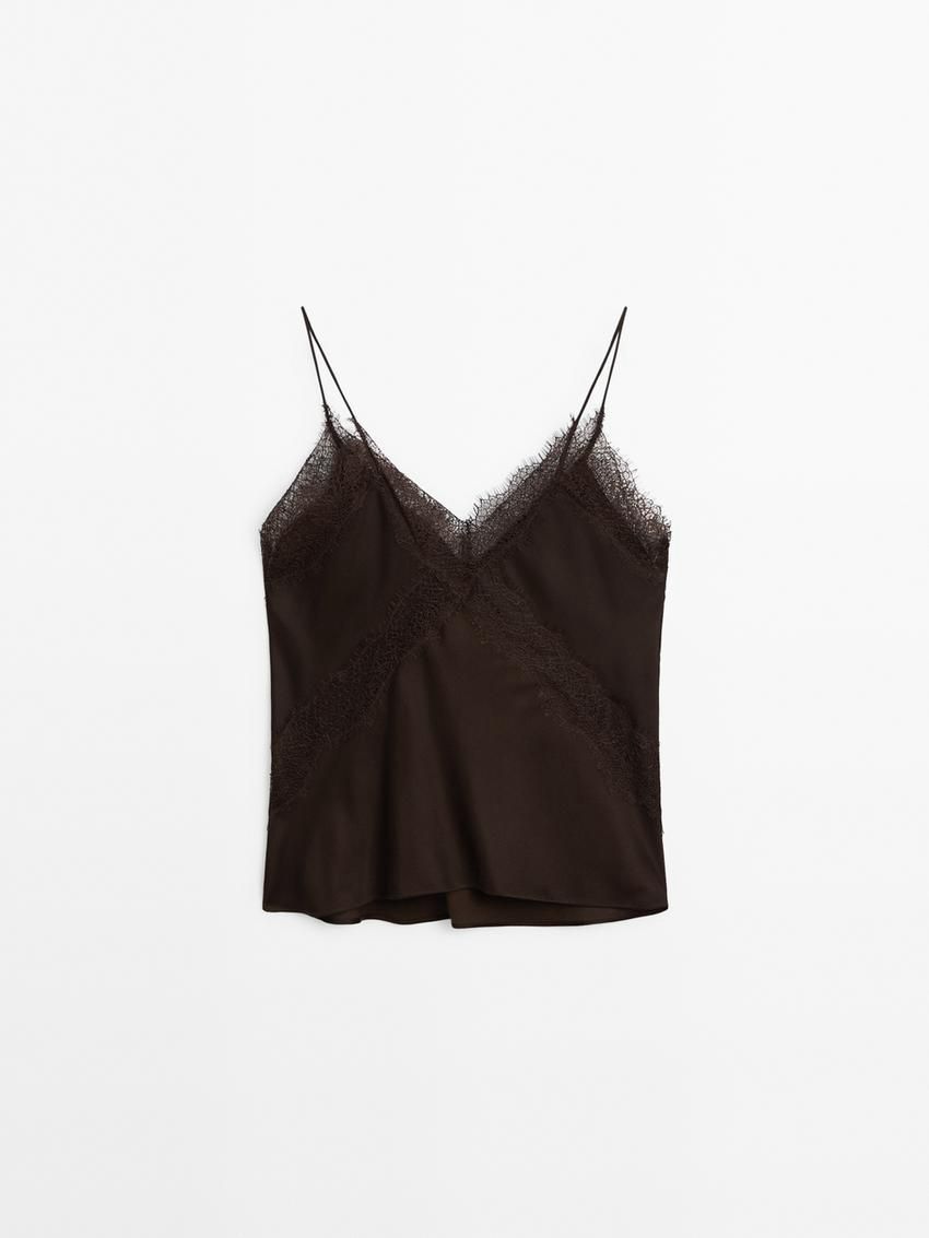 Massimo Dutti Strappy Lace Camisole Women Top Dark Brown | US-OQ8562731