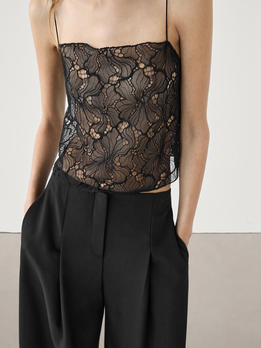Massimo Dutti Strappy Lace Women Top Black | US-ND3709856