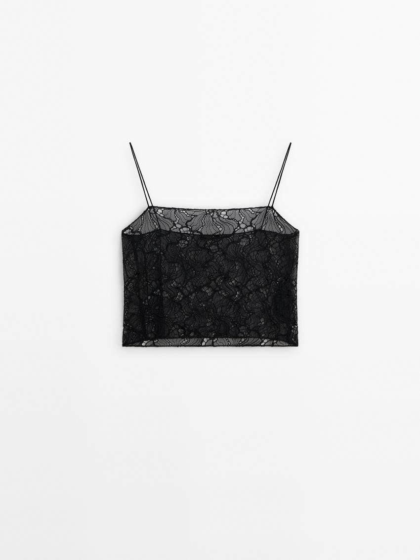 Massimo Dutti Strappy Lace Women Top Black | US-ND3709856