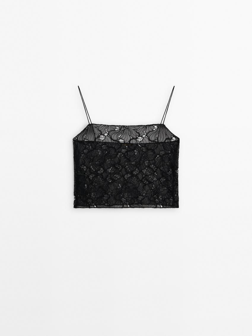 Massimo Dutti Strappy Lace Women Top Black | US-ND3709856