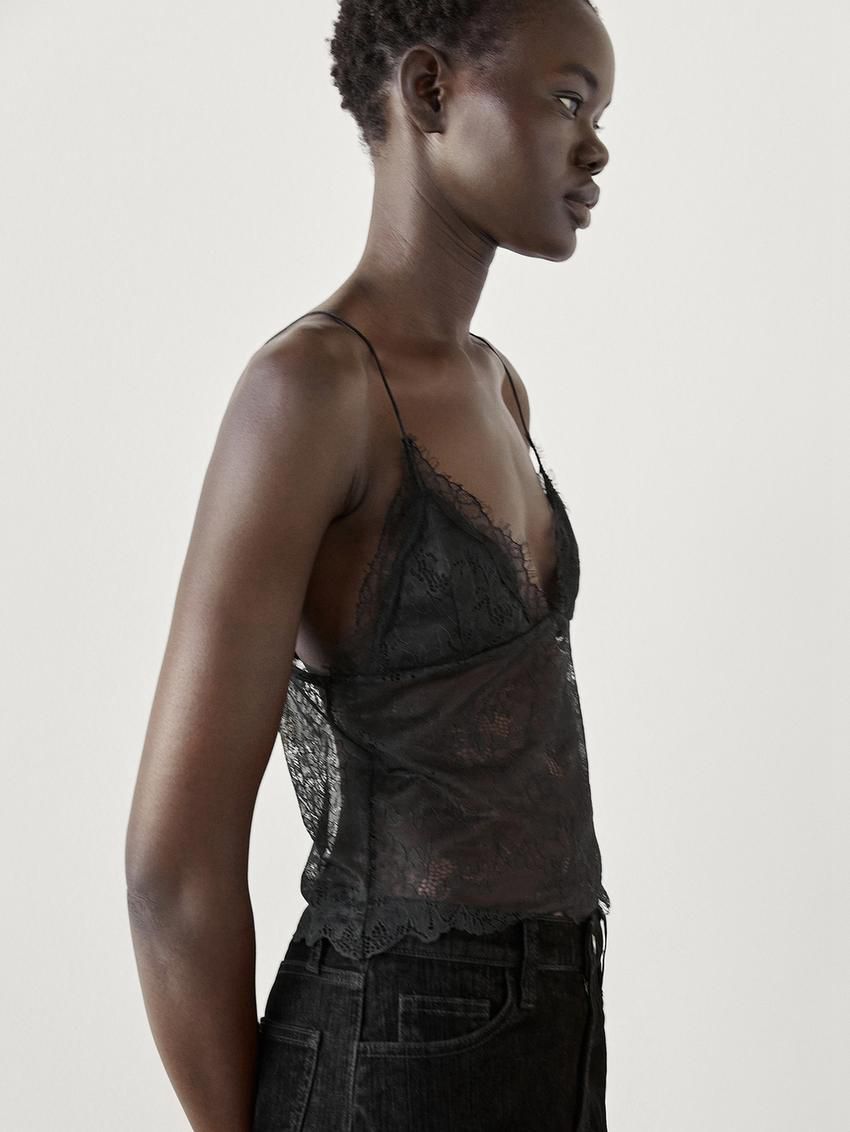 Massimo Dutti Strappy Lace-trimmed Women Top Black | US-LG0793826