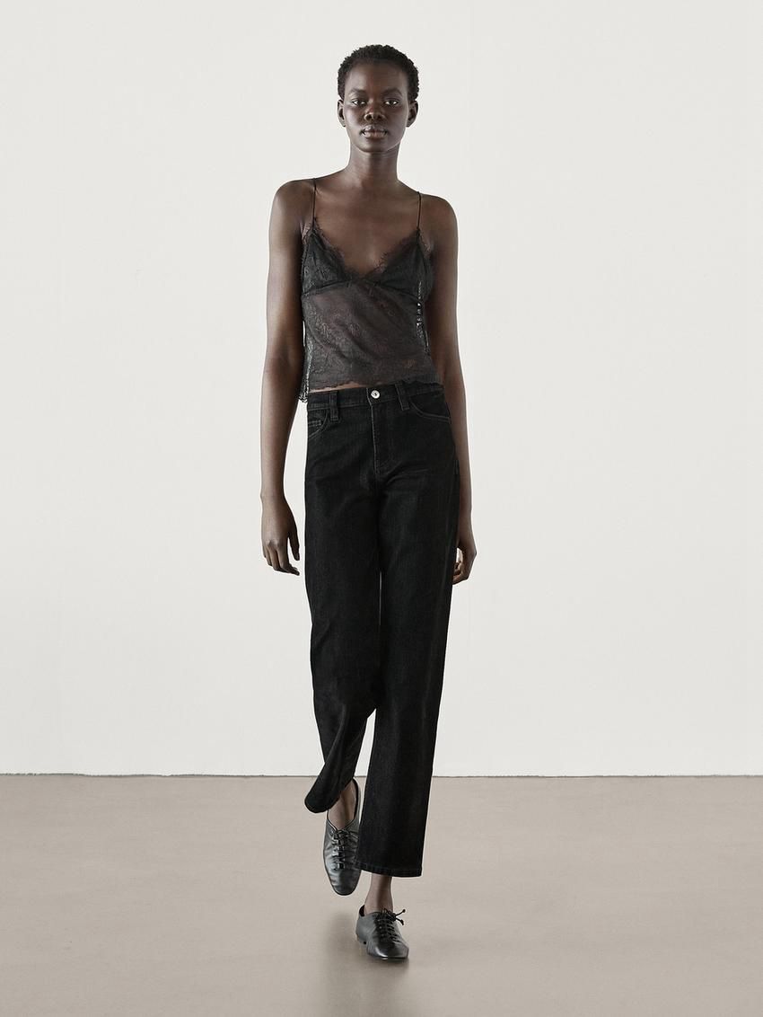 Massimo Dutti Strappy Lace-trimmed Women Top Black | US-LG0793826