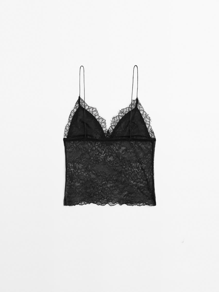 Massimo Dutti Strappy Lace-trimmed Women Top Black | US-LG0793826