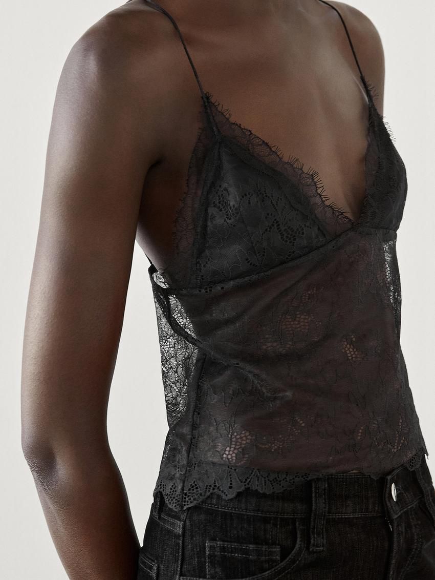 Massimo Dutti Strappy Lace-trimmed Women Top Black | US-LG0793826