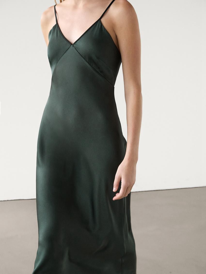 Massimo Dutti Strappy Midi Slip Women Dress Green | US-TC9672308
