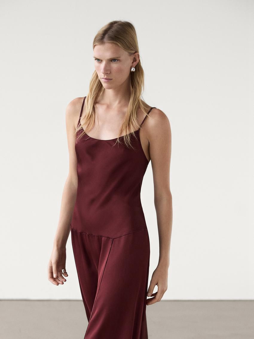 Massimo Dutti Strappy Midi Slip Women Dress Burgundy | US-BN8603142
