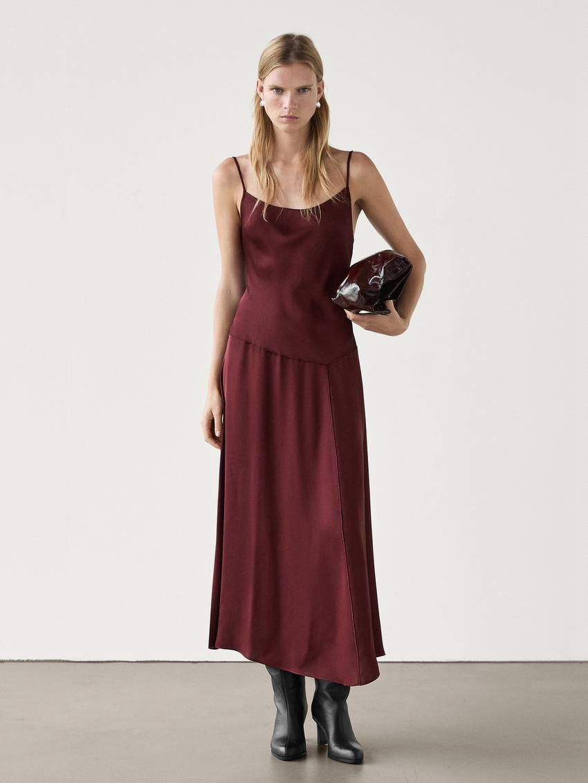 Massimo Dutti Strappy Midi Slip Women Dress Burgundy | US-BN8603142