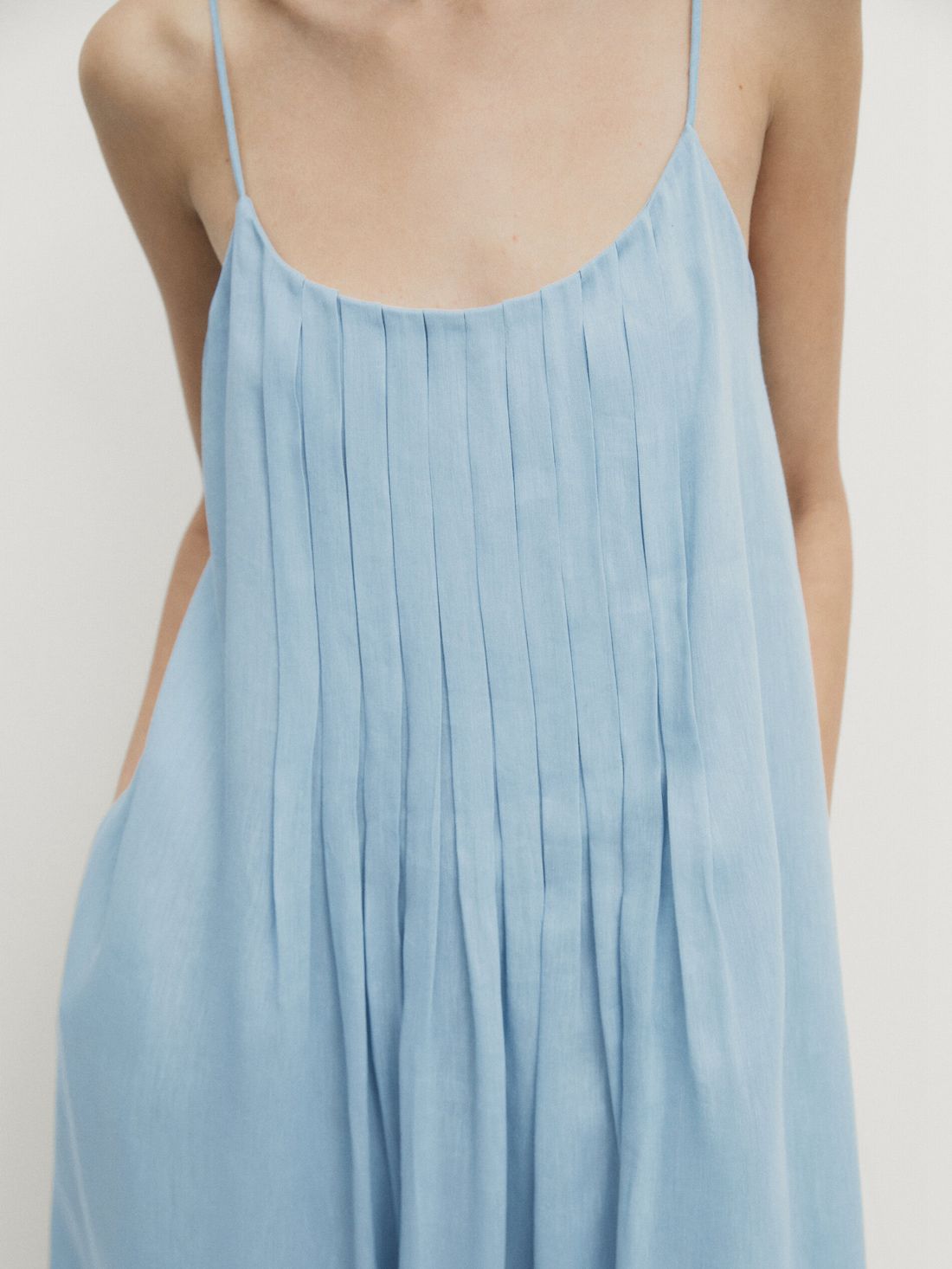 Massimo Dutti Strappy Midi With Box Pleat Details Women Dress Light Blue | US-CQ8634957