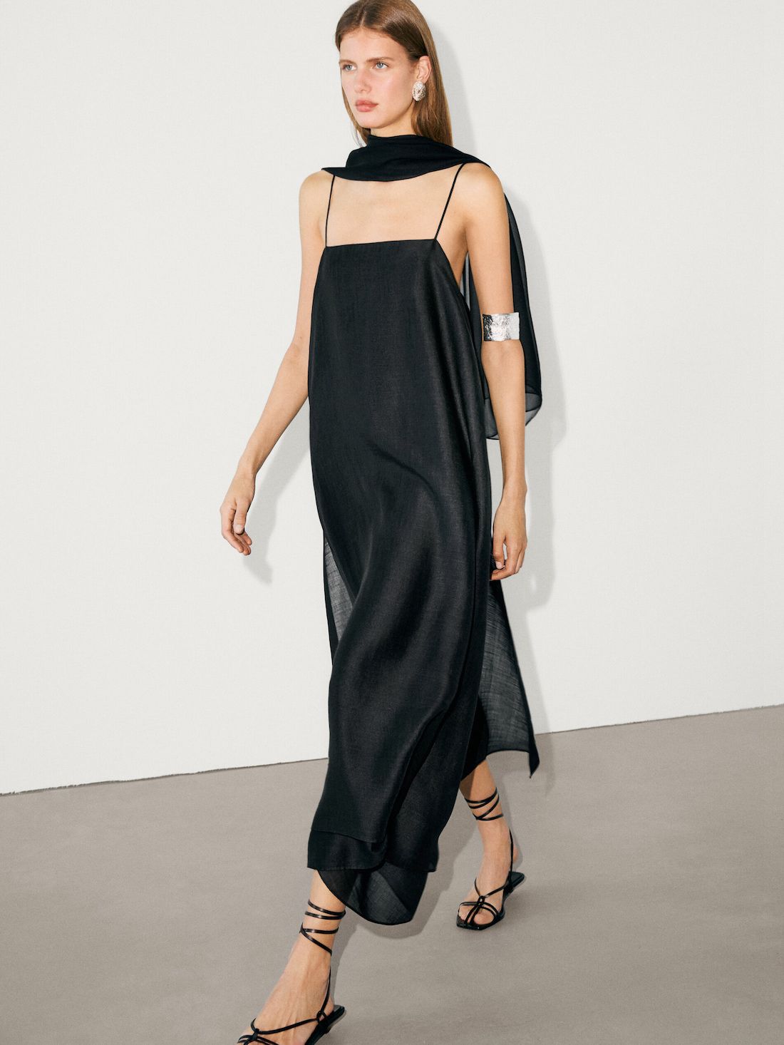 Massimo Dutti Strappy Ramie Midi Women Dress Black | US-CQ9850641