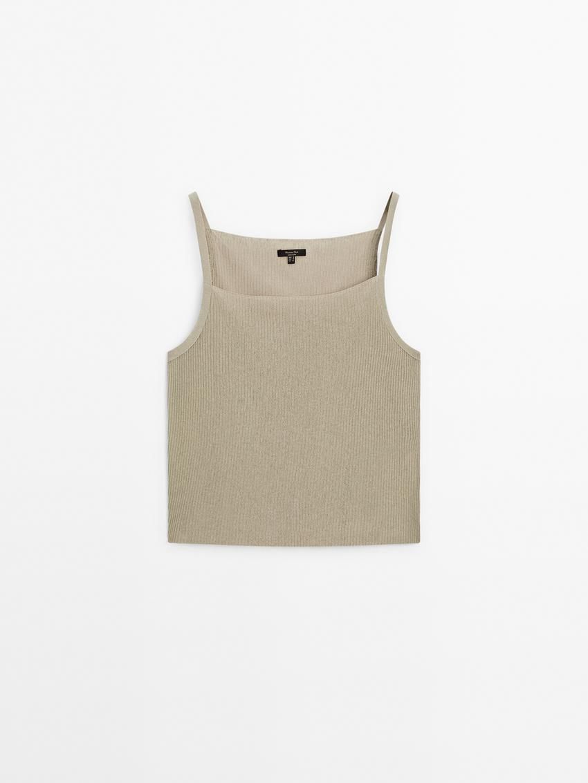 Massimo Dutti Strappy Ribbed Knit Women Top Khaki | US-YM6983174