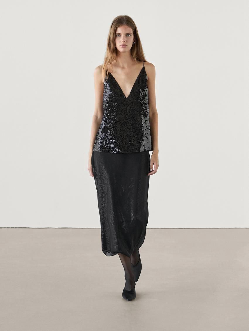 Massimo Dutti Strappy Sequin Women Top Black | US-RT8734962