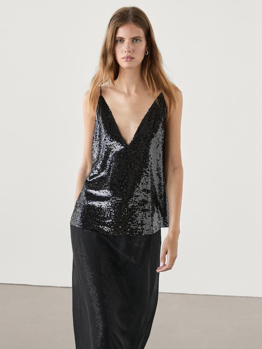Massimo Dutti Strappy Sequin Women Top Black | US-RT8734962