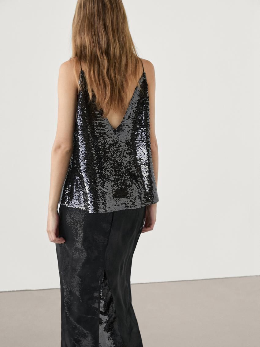 Massimo Dutti Strappy Sequin Women Top Black | US-RT8734962