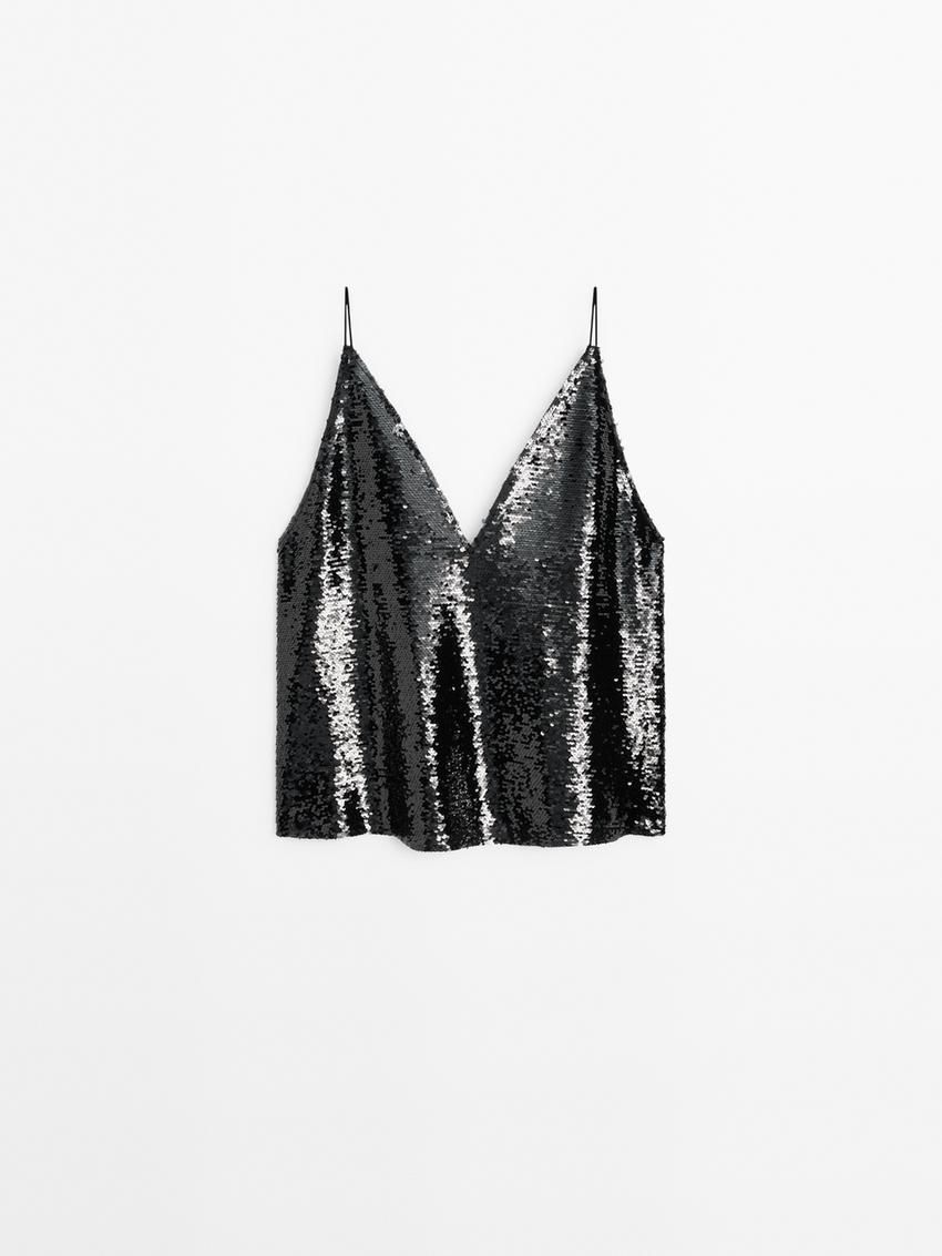 Massimo Dutti Strappy Sequin Women Top Black | US-RT8734962
