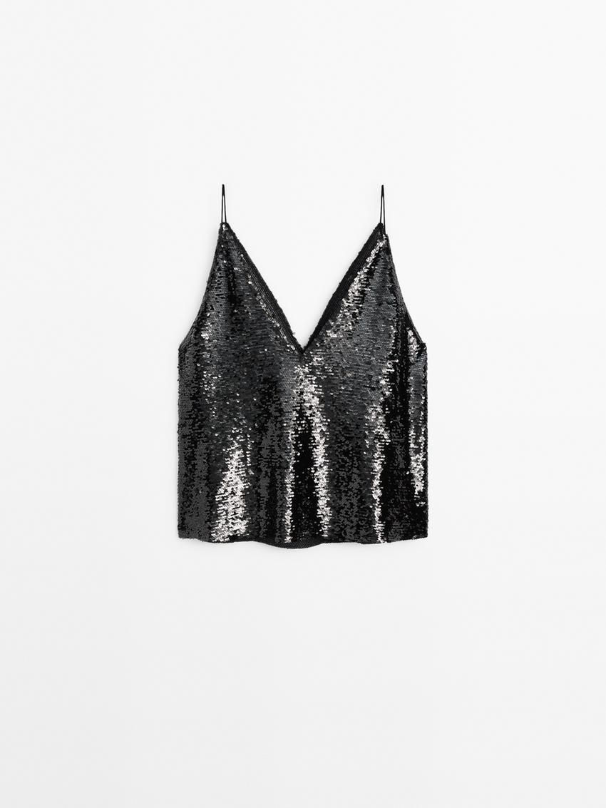 Massimo Dutti Strappy Sequin Women Top Black | US-RT8734962