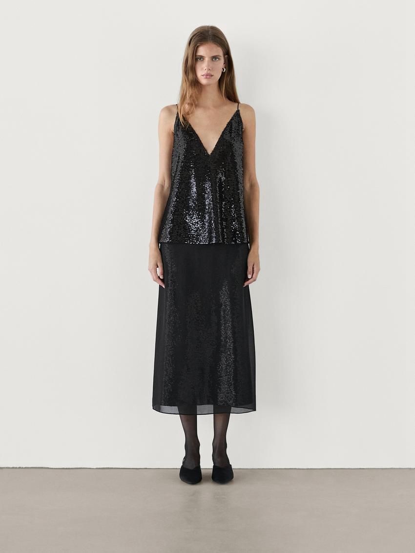 Massimo Dutti Strappy Sequin Women Top Black | US-RT8734962