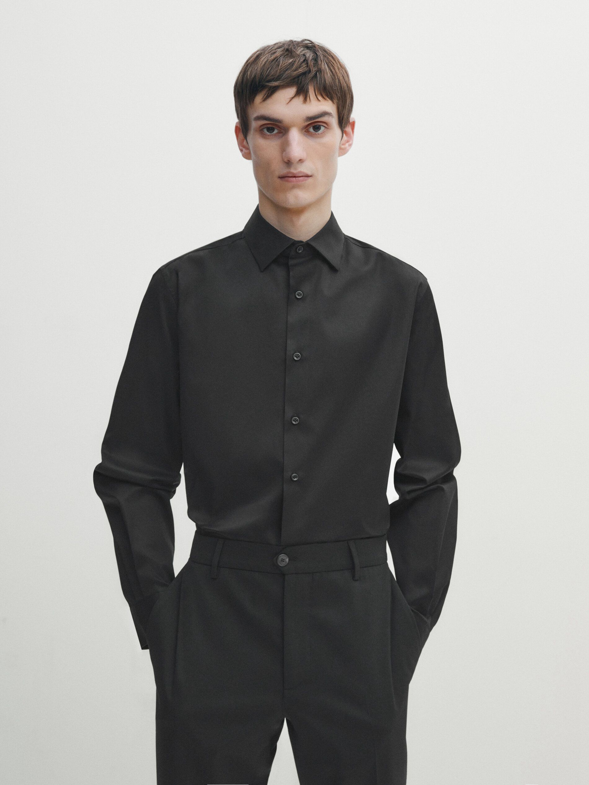 Massimo Dutti Stretch Slim-fit Cotton Twill Men Shirts Black | US-QH1579482