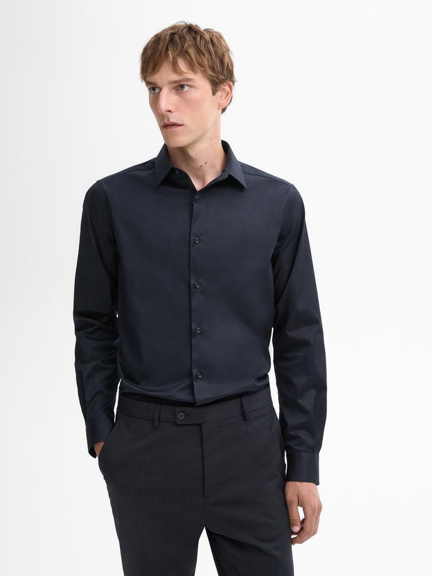 Massimo Dutti Stretch Slim-fit Cotton Twill Men Shirts Navy | US-HM0173598