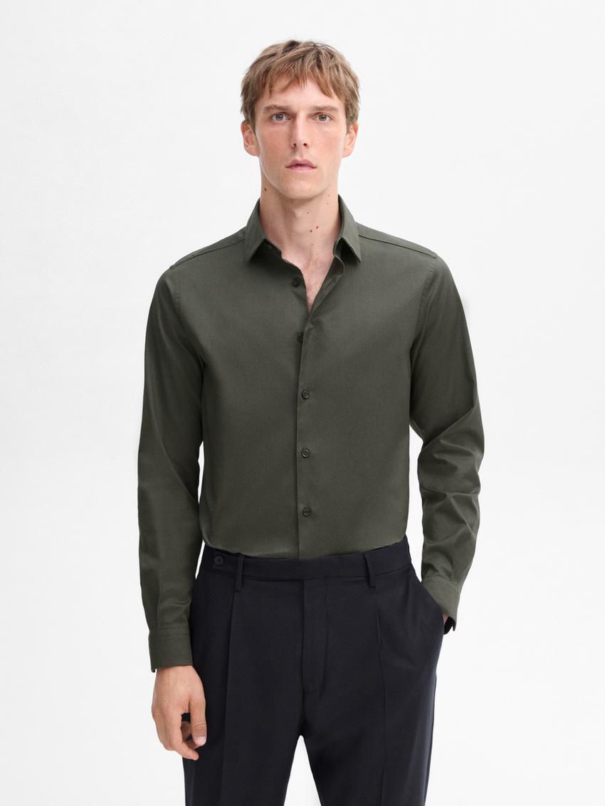 Massimo Dutti Stretch Slim-fit Cotton Twill Men Shirts Dark Khaki | US-WR5068972