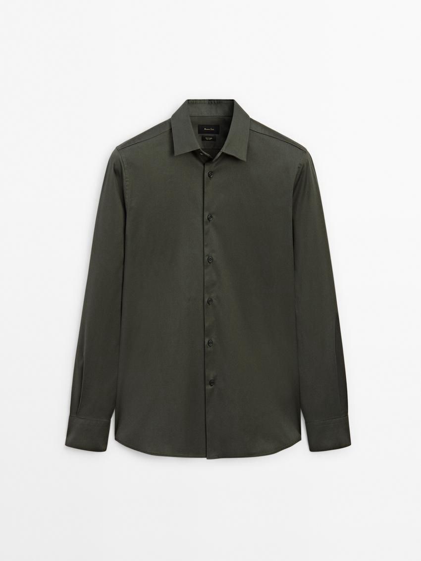 Massimo Dutti Stretch Slim-fit Cotton Twill Men Shirts Dark Khaki | US-WR5068972