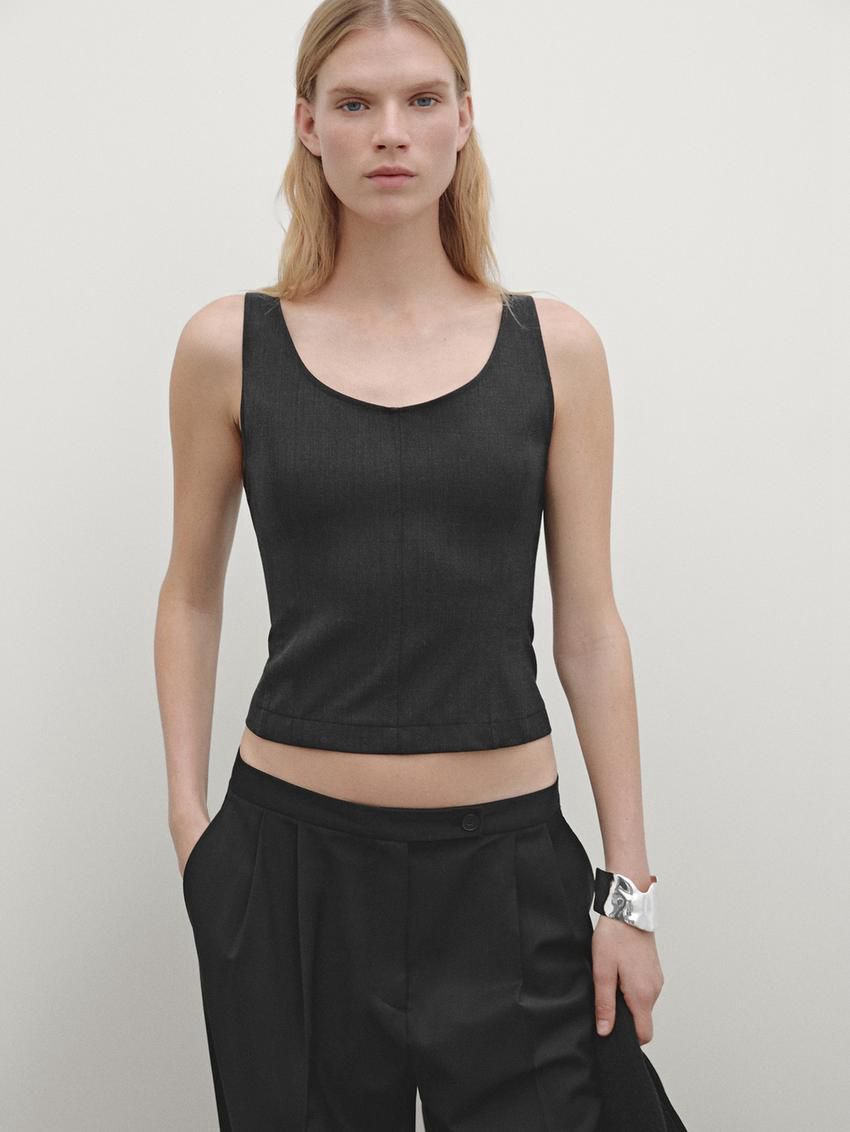 Massimo Dutti Stretch With Seam Details Women Top Black | US-HD2605847