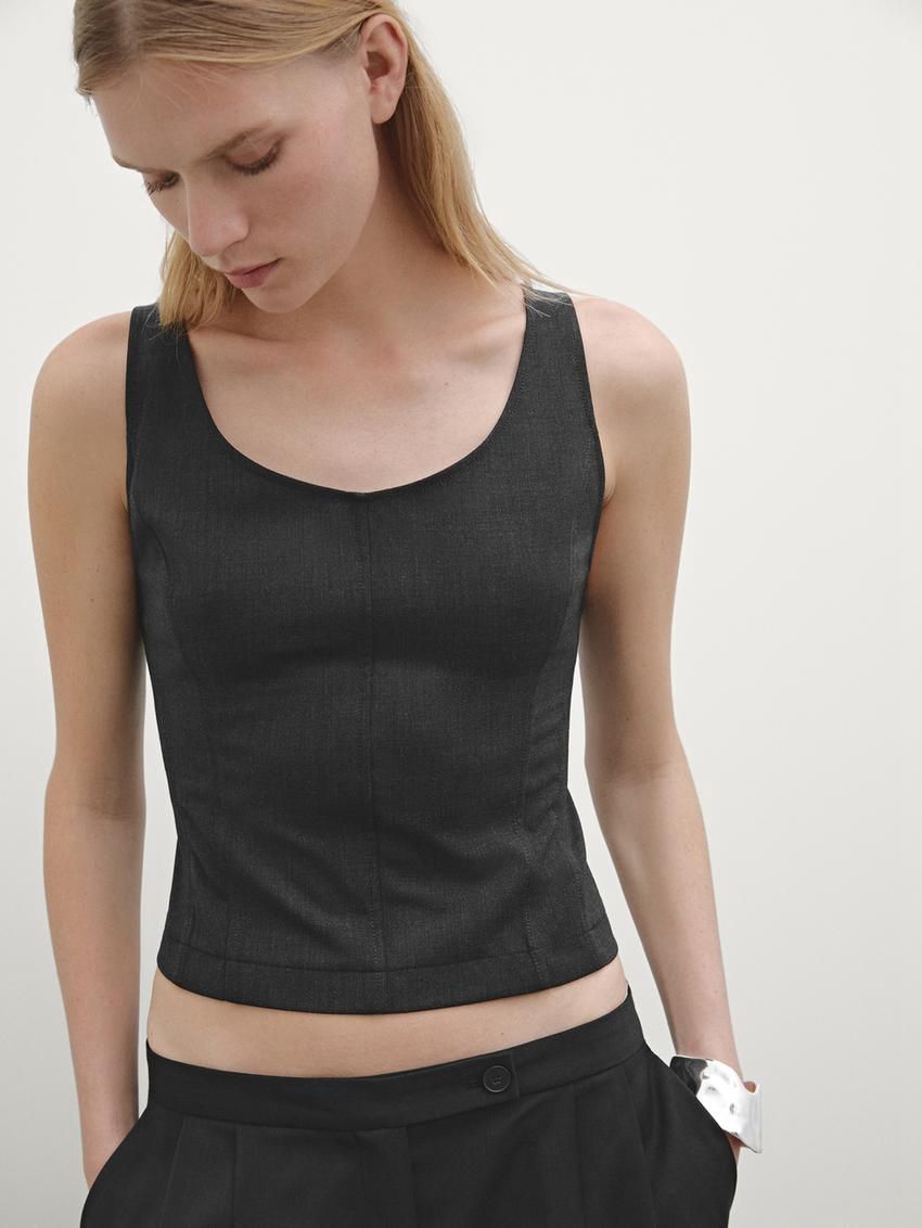 Massimo Dutti Stretch With Seam Details Women Top Black | US-HD2605847