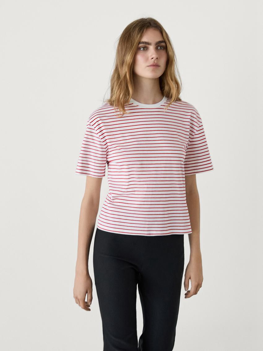 Massimo Dutti Striped Cotton Crew Neck Women T-Shirt Red / White | US-TY0437125