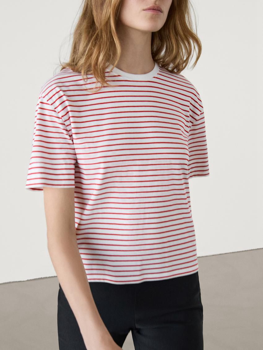 Massimo Dutti Striped Cotton Crew Neck Women T-Shirt Red / White | US-TY0437125