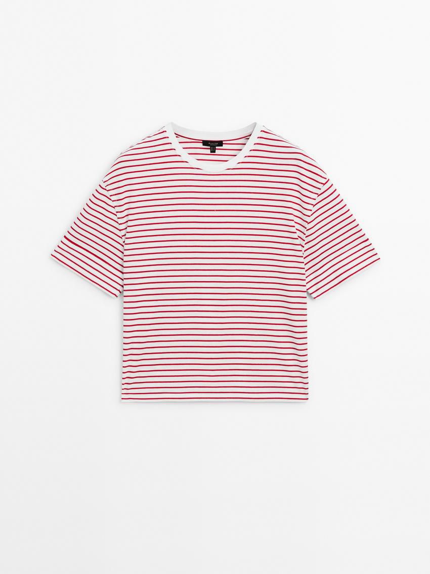 Massimo Dutti Striped Cotton Crew Neck Women T-Shirt Red / White | US-TY0437125