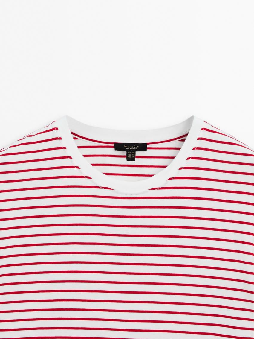 Massimo Dutti Striped Cotton Crew Neck Women T-Shirt Red / White | US-TY0437125