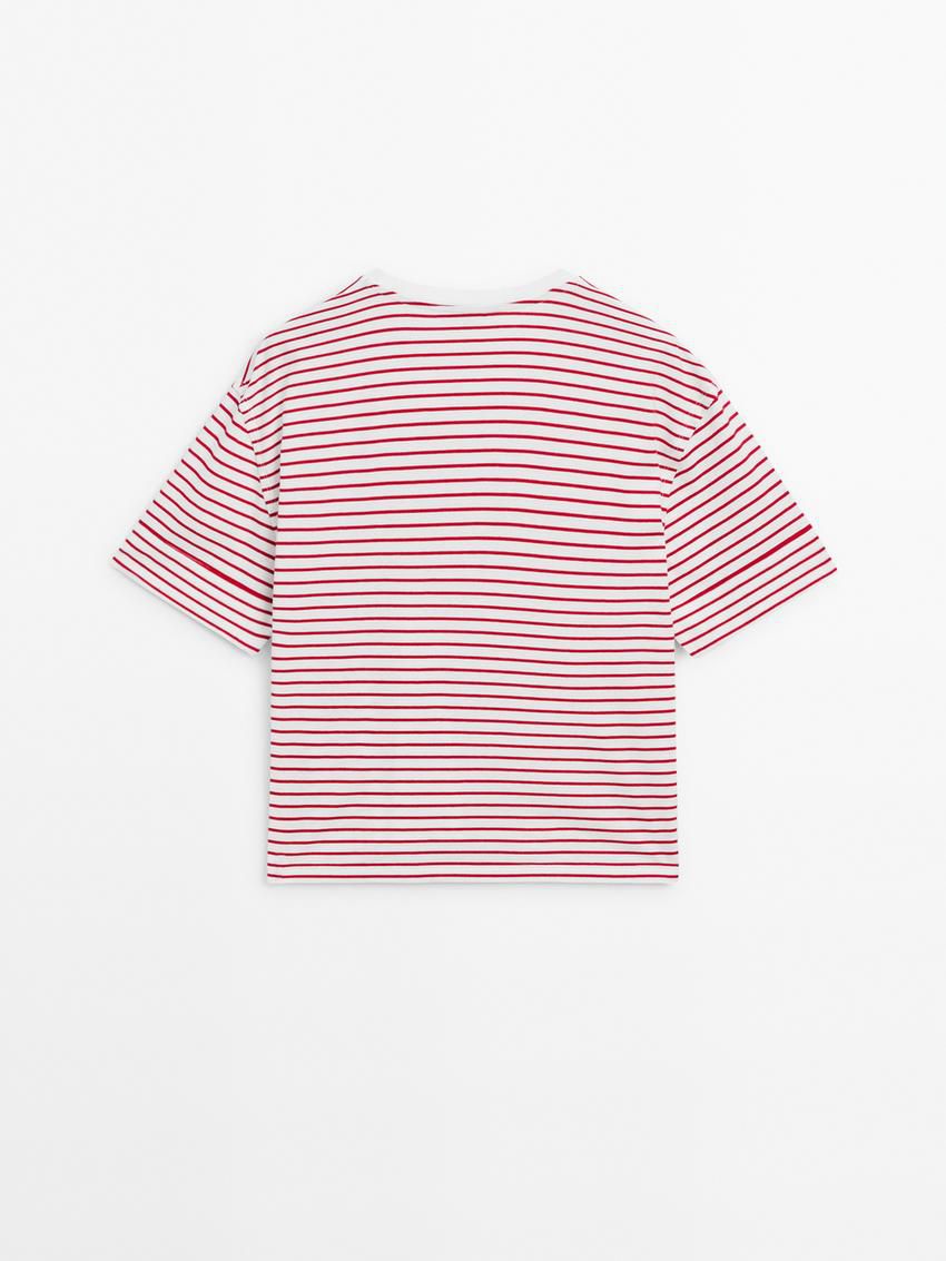 Massimo Dutti Striped Cotton Crew Neck Women T-Shirt Red / White | US-TY0437125