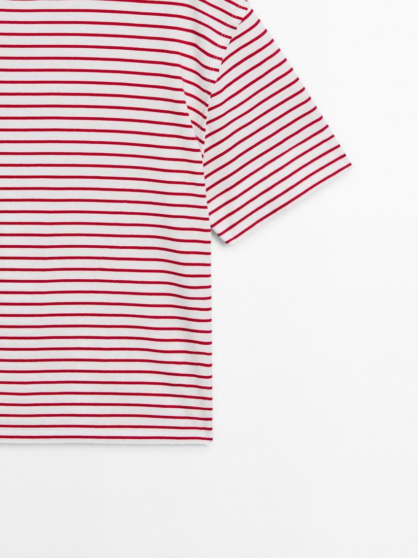 Massimo Dutti Striped Cotton Crew Neck Women T-Shirt Red / White | US-TY0437125