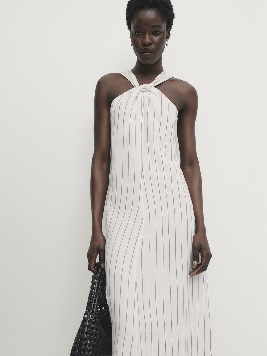 Massimo Dutti Striped Halterneck Midi Women Dress White | US-WO4179530