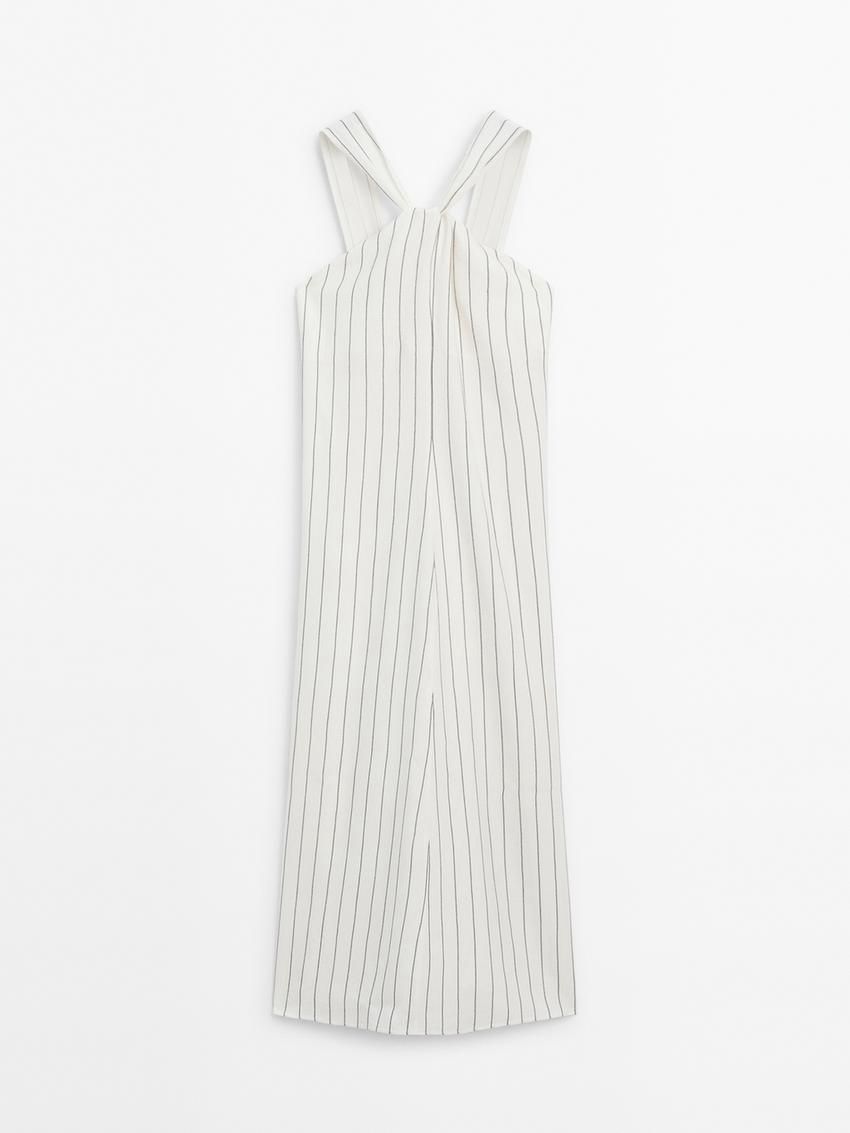 Massimo Dutti Striped Halterneck Midi Women Dress White | US-WO4179530