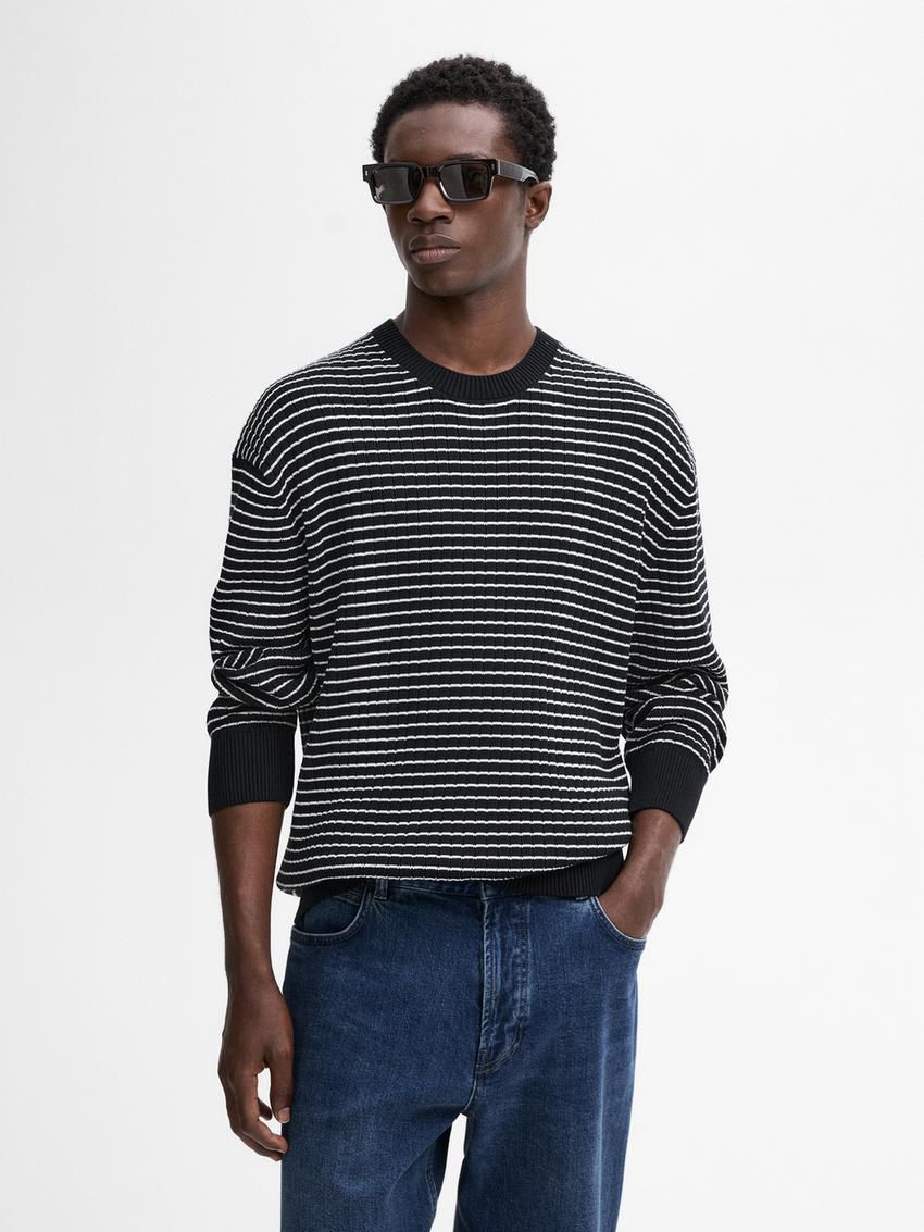 Massimo Dutti Striped Knit Long Sleeve Men Sweater Navy / White | US-ZI5628904