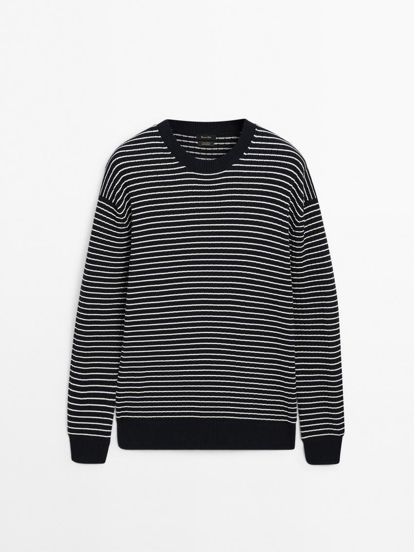 Massimo Dutti Striped Knit Long Sleeve Men Sweater Navy / White | US-ZI5628904