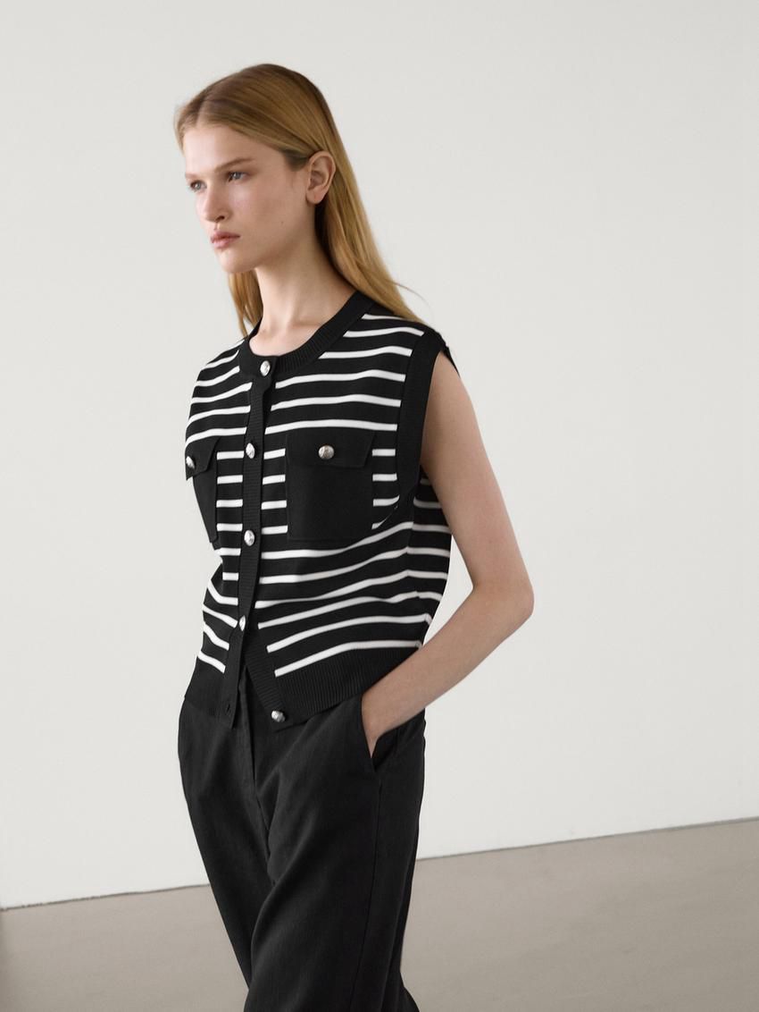 Massimo Dutti Striped Knit Women Vest Black / White | US-JS6350718