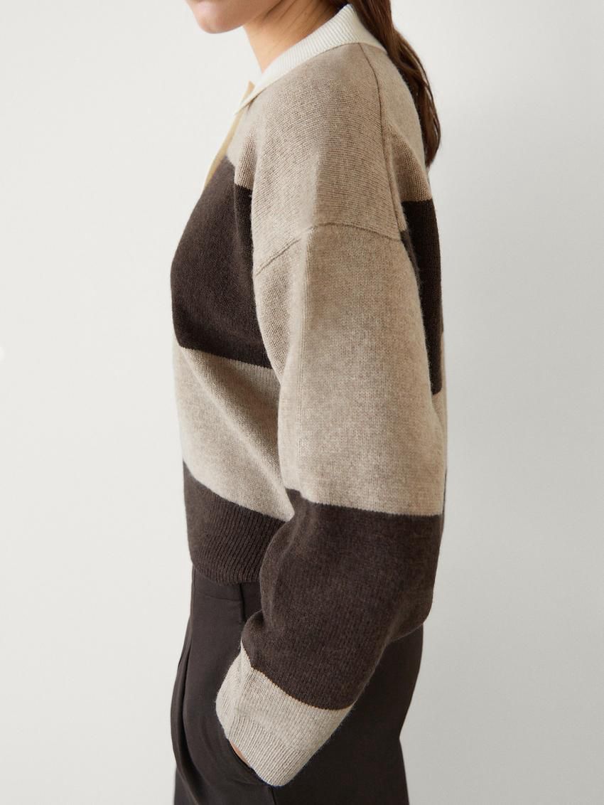 Massimo Dutti Striped Knitted Polo Neck Women Sweater Dark Brown / Beige | US-MX7138642
