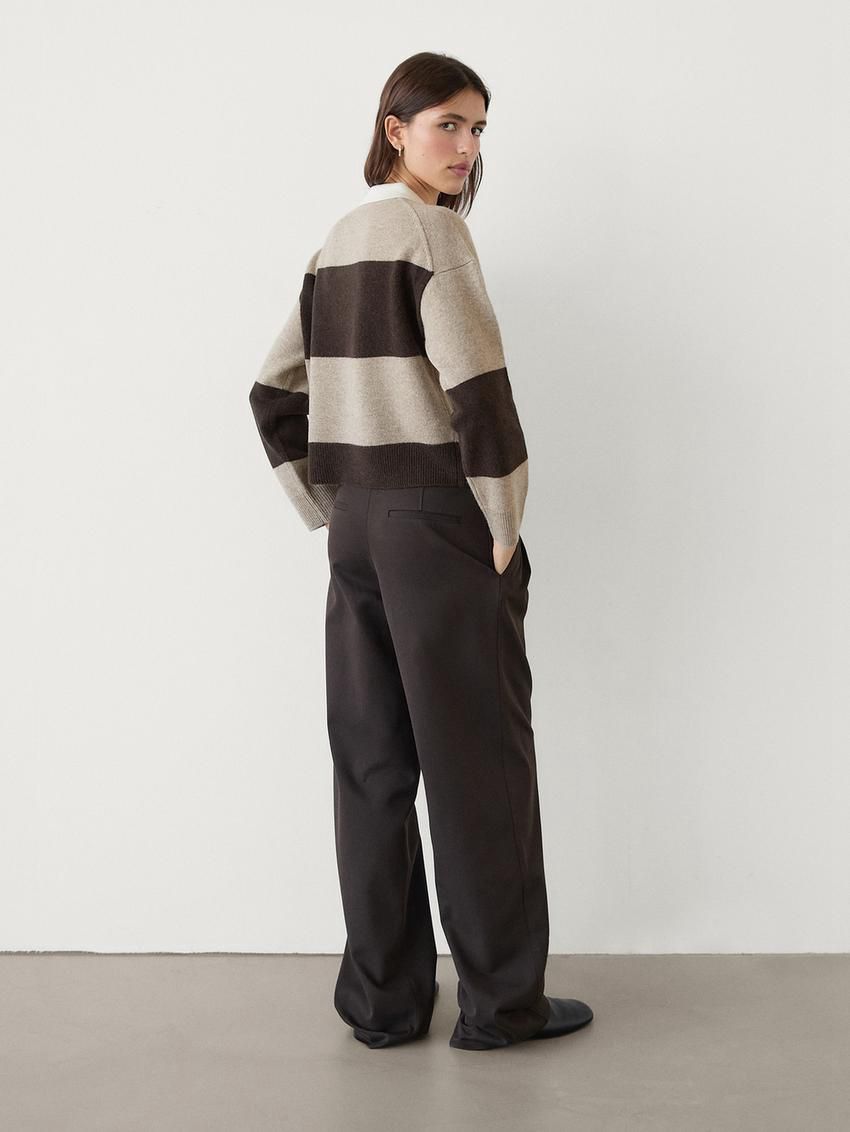 Massimo Dutti Striped Knitted Polo Neck Women Sweater Dark Brown / Beige | US-MX7138642