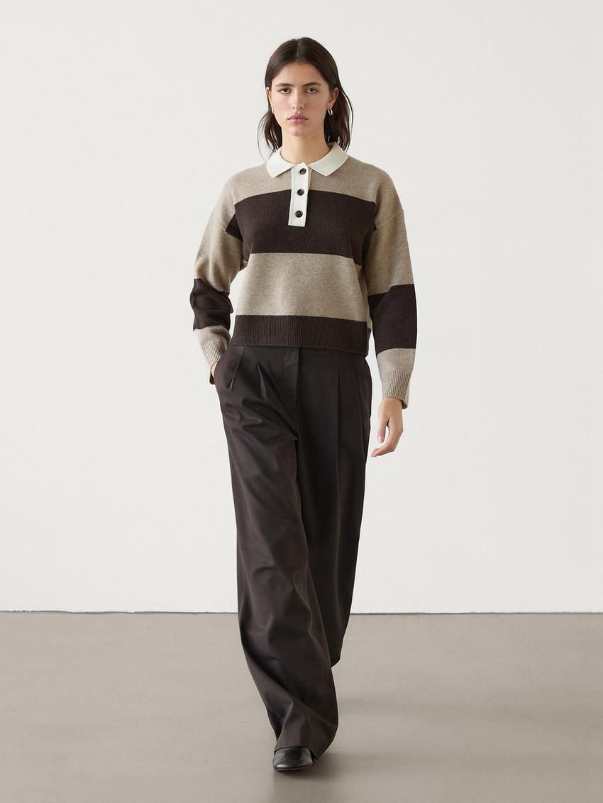 Massimo Dutti Striped Knitted Polo Neck Women Sweater Dark Brown / Beige | US-MX7138642